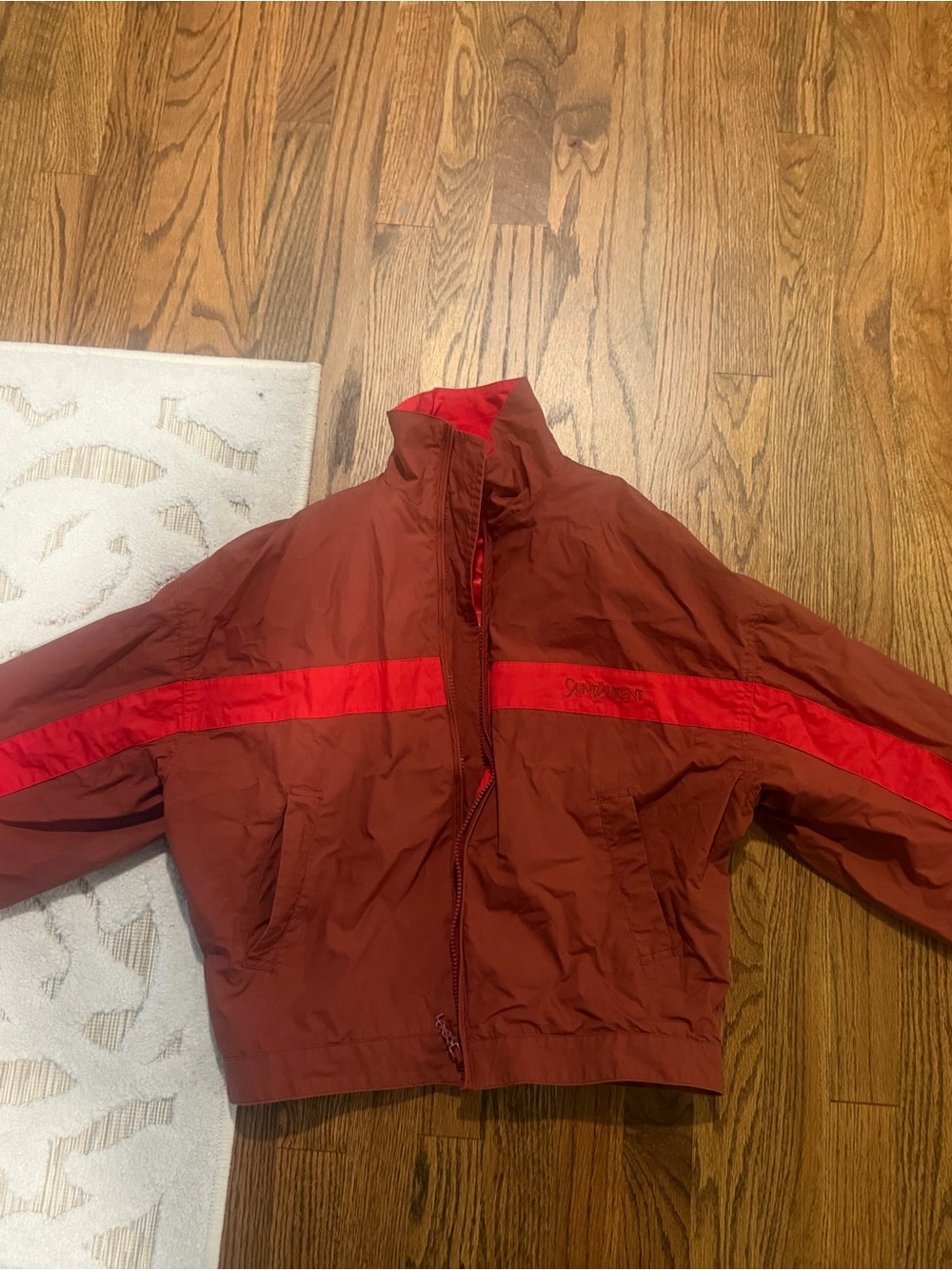 Saint Laurent Brown Windbreaker with Red Chest Stripe - Picture 2 of 9